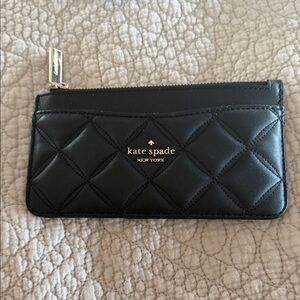 kate spade Black Quilted Leather Zip Card Wallet with Gold Logo